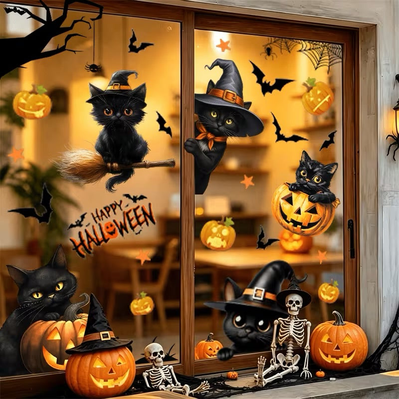 Autocollants de fenêtre chats noirs et chauves-souris Halloween