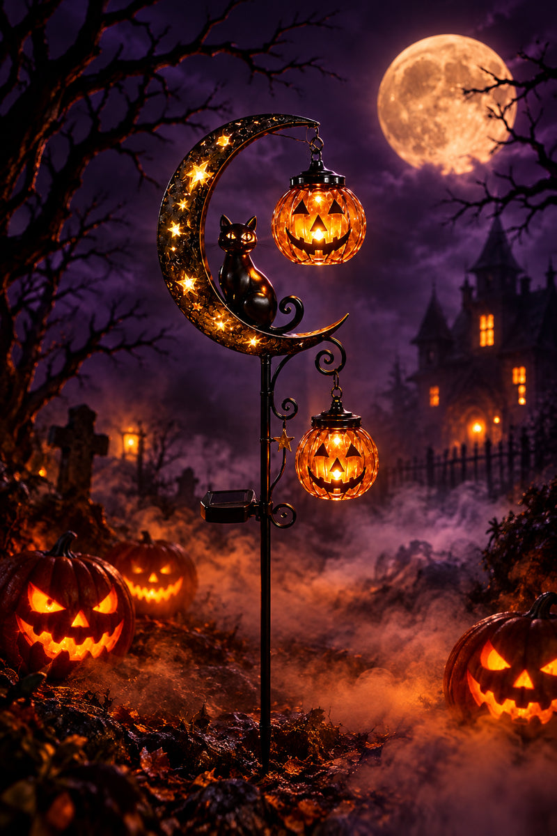 Piquet de jardin Halloween lune, chat et citrouilles