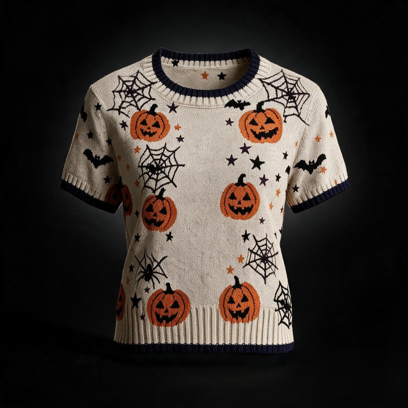 Pull court femme Halloween citrouilles et toiles d’araignée