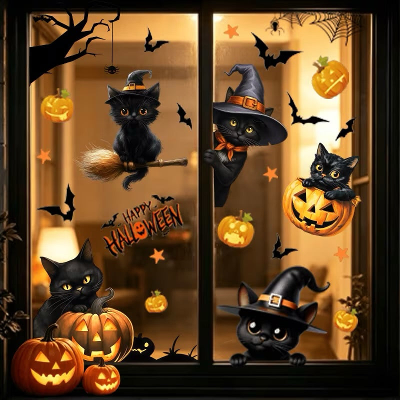 Autocollants de fenêtre chats noirs et chauves-souris Halloween