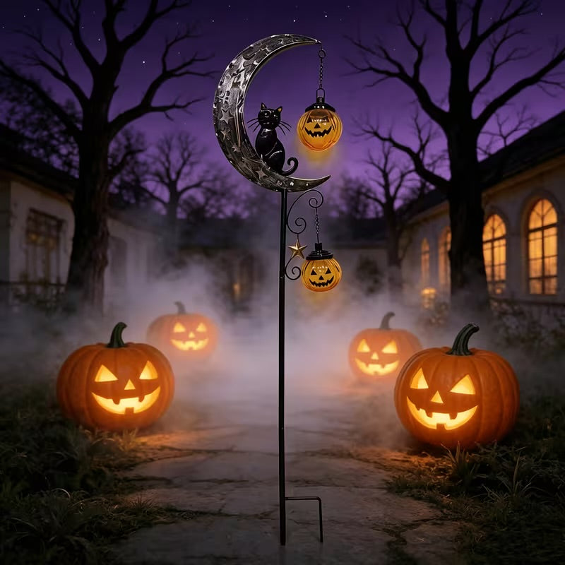 Piquet de jardin Halloween lune, chat et citrouilles